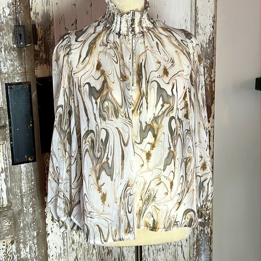 BANANA REPUBLIC FACTORY BLOUSE SZ MED PETITE SHEER SWIRL DESIGN CAREER DRESSY